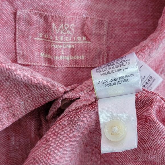 M&S Collection Shirt Mens Large Red 100% Linen Short Sleeve Casual Button Up - Picture 13 of 13